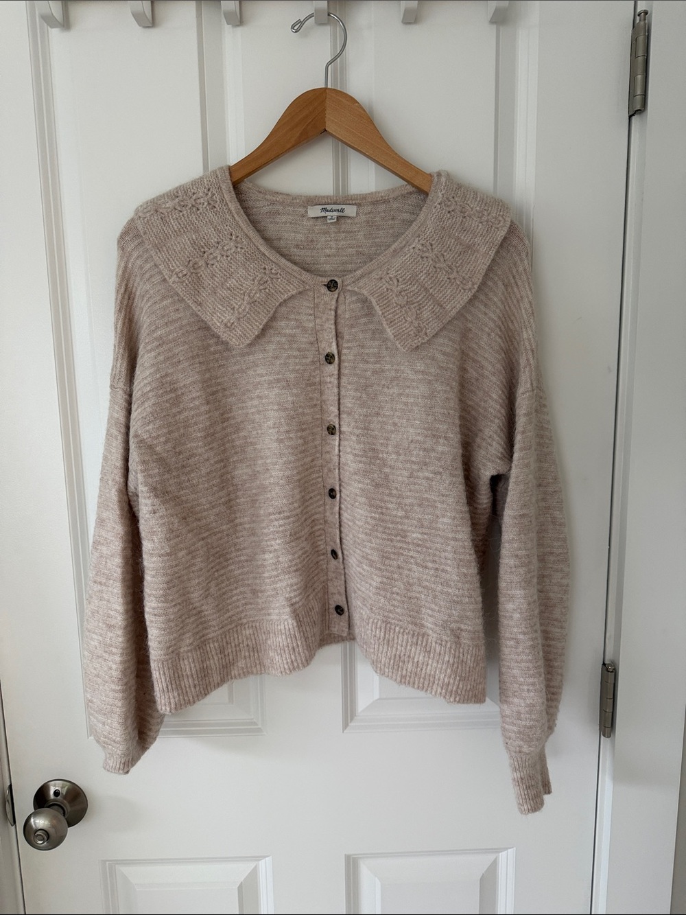 Madewell Beige-Cream Button-Up Knit Cardigan with Decorative Collar